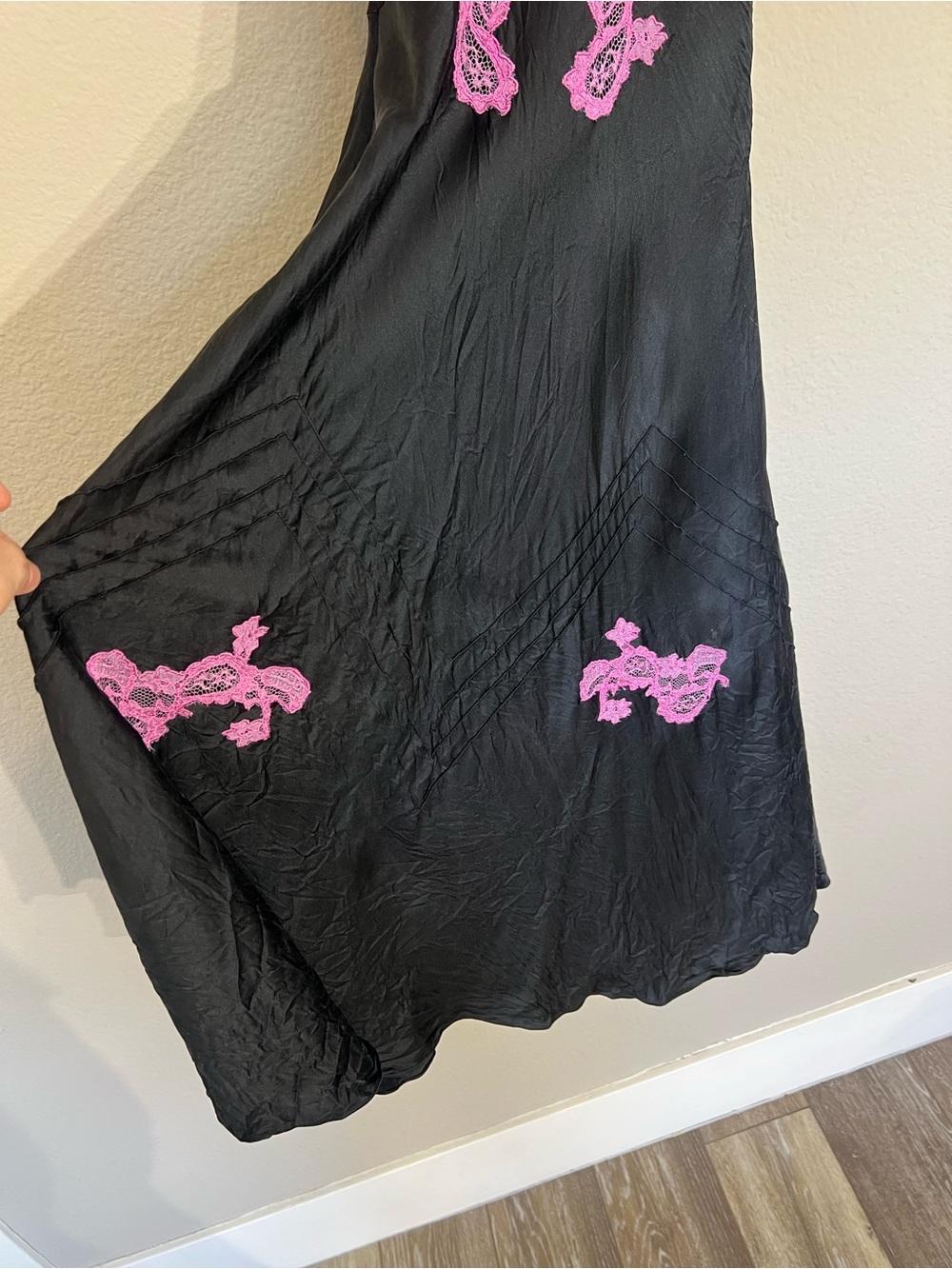 Vintage Betsey Johnson silk satin bias cut black pink lace midi dress coquette - Picture 8 of 14